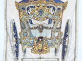 a blue and white scarf with a picture of a horse and carriage