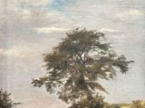 an oil painting of a tree in a field with a dirt road in the foreground