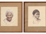 deux portraits encadrés représentant une vieille femme et une jeune fille