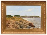 an image of a painting of a rocky shore with a boat in the water