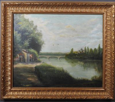 une peinture à l'huile représentant un paysage fluvial avec un pont au loin