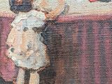 a painting of a little girl standing in front of a table