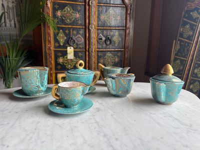 a lot of tea cups and saucers sitting on a table