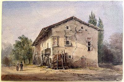 une image représentant un tableau d'un bâtiment devant lequel se trouve un cheval