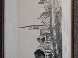 a black and white drawing of a castle with a clock tower