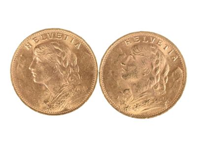 Deux pièces de vingt francs or suisse, 1922 et 1930. Usures. - Photo 1