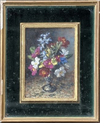 une peinture de fleurs dans un vase en verre sur une table