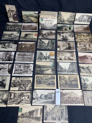several old black and white photos of a train and buildings