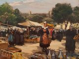 a painting of a woman standing in a market