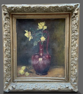 a painting of a vase with yellow flowers in it