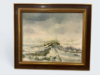 an oil painting of a snowy landscape with a bridge in the distance