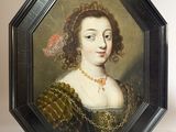 portrait of a lady in a green dress with a gold chain around her neck