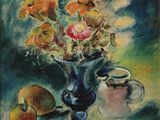 tableau représentant un vase bleu avec des fleurs et des fruits posés sur une table