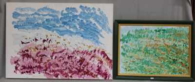 deux tableaux accrochés au mur au-dessus d'un vase et d'un autre vase