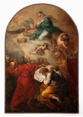 an image of a painting of a group of people surrounding a man