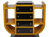 an image of a black and yellow wooden shelf with drawers