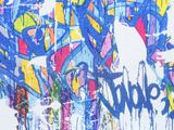 painting of a group of people walking down a street with graffiti on it