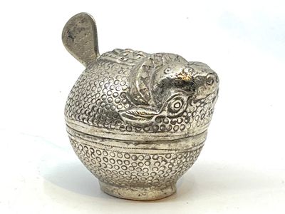 une boîte argentée sur laquelle est représenté un poisson, sur un fond blanc
