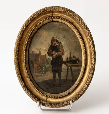 an old painting of a man holding a cat in a gold frame