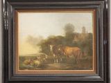 une peinture à l'huile représentant des vaches et des moutons dans un champ, avec un château en arrière-plan