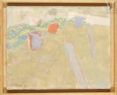une peinture représentant une scène de plage avec une planche de surf et des seaux