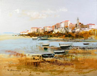 un tableau représentant des bateaux au bord d'un lac