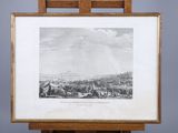 un dessin représentant une vue de la ville de Londres depuis un chevalet en bois