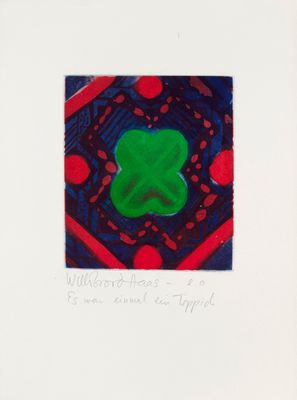 painting of a green leaf with a red border and a blue background