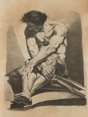 un vieux dessin représentant un homme à genoux sur le sol, un couteau à la main