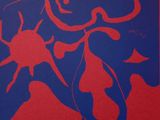 a red and blue painting of a fish on a blue background