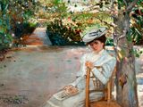 painting of a woman sitting in a chair under a tree