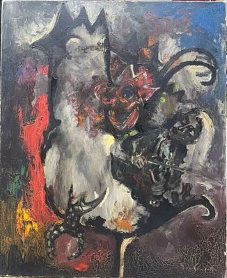an image of a painting of a cat and a vase of flowers on a table