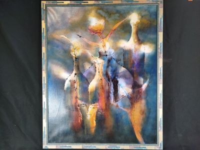 un tableau représentant un groupe de personnes sur fond noir