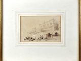 un vieux dessin représentant une ville avec des bateaux et des gens sur l'eau