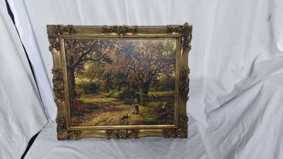 an old picture of a painting of a forest scene with trees
