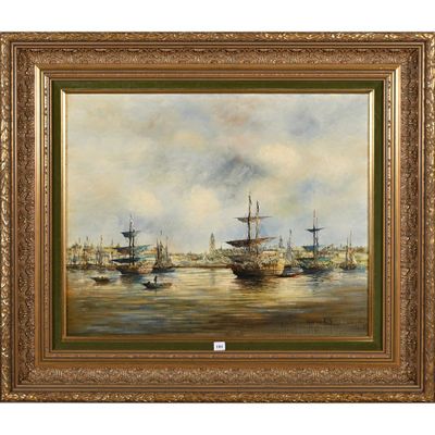 un tableau représentant une scène de port avec des bateaux sur l'eau