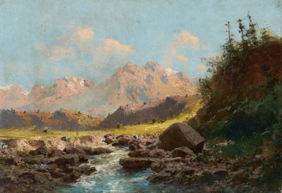un tableau représentant un paysage de montagne avec un ruisseau au premier plan