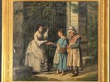 an image of a painting of a woman handing something to two women