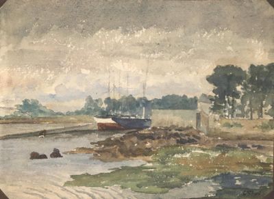 une image d'un tableau représentant un bateau sur l'eau