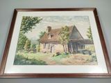 aquarelle encadrée représentant une ferme dans un décor champêtre