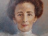 painting of a woman in a white dress with a fur collar