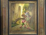 painting of a man carrying a basket of flowers in front of a castle