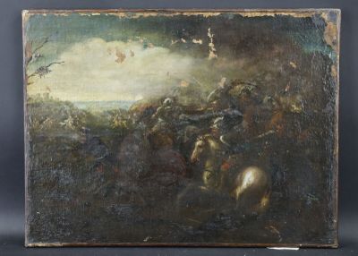 une peinture à l'huile représentant un groupe d'hommes à cheval dans un champ