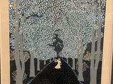 tableau représentant une femme se promenant dans une forêt avec un chien