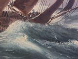 a painting of a boat in the ocean with people on it