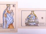 deux cartes avec l'image d'une femme tenant un bébé et d'un homme assis sur un trône