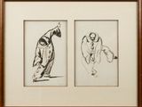 two framed drawings of a man and a woman playing tennis