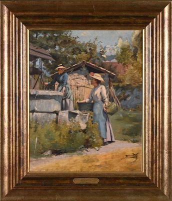 an oil painting of a woman carrying a basket on her head