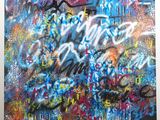 a painting of graffiti on a wall with words written on it