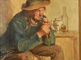 painting of a man sitting on a stool smoking a pipe